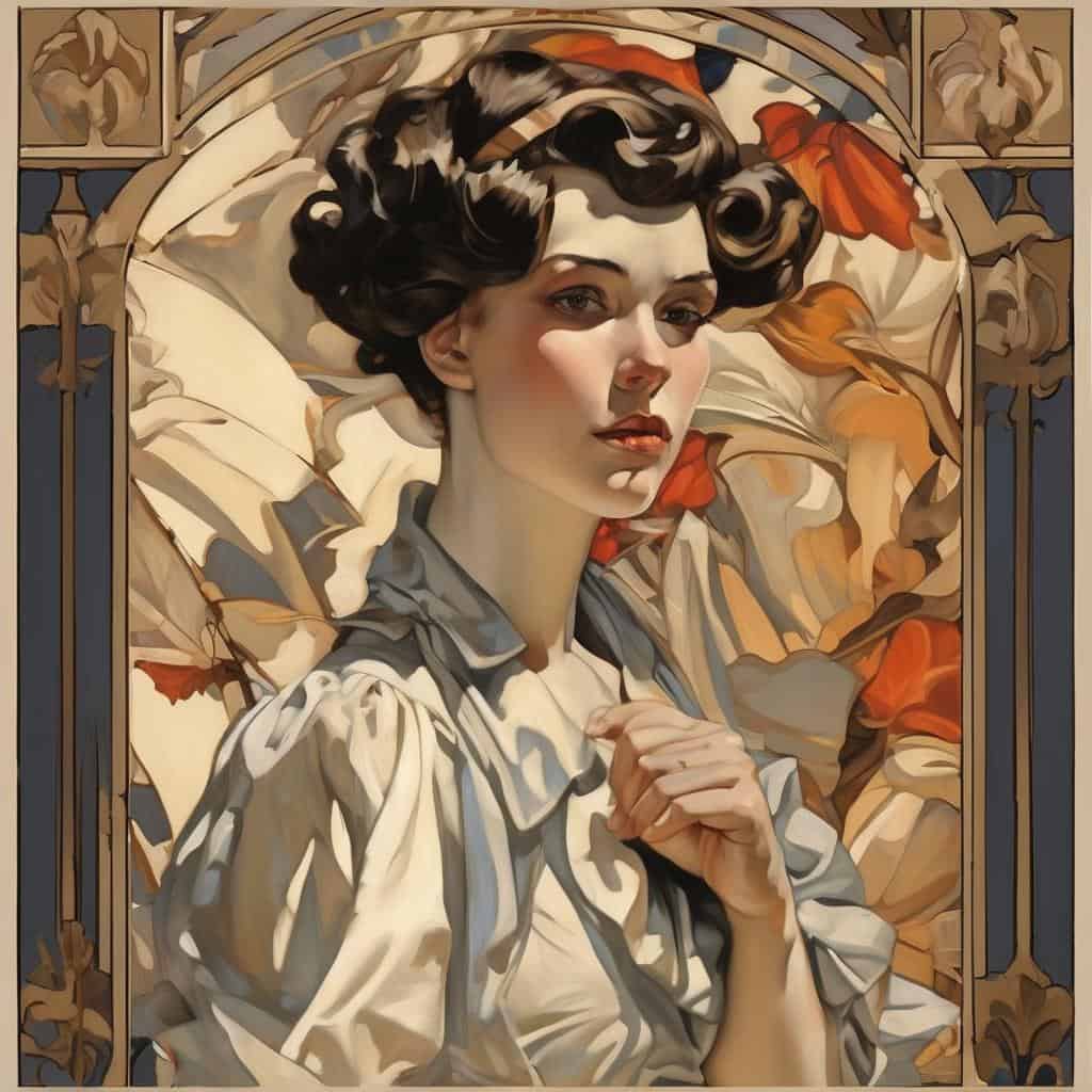 Φωτογραφία μιας νεαρής γυναίκας σε αριστουργηματικό καλλιτεχνικό ύφος, που αναδεικνύει την έμπνευση και τη δημιουργικότητα μέσω της τέχνης.