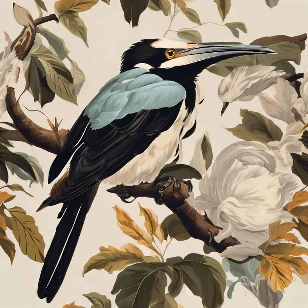 Μπλε και μαύρος κορυδαλλός σε κλαδί με λευκά άνθη και πράσινα και καφέ φύλλα, σε ζωγραφική τέχνη, έμπνευση από καλλιτεχνικές ιστορίες και φύση.