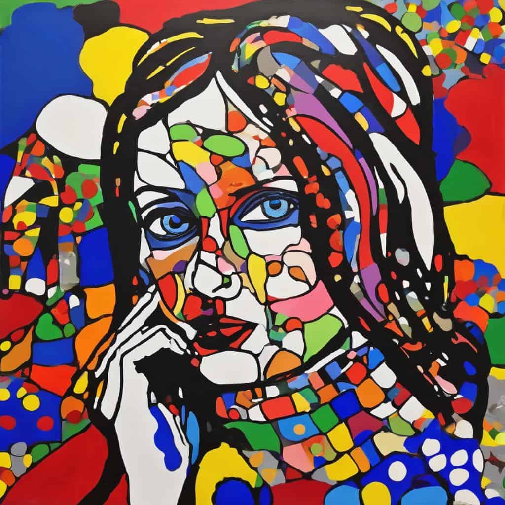 Χαρακτηριστικό πορτρέτο σε αφηρημένο στυλ με πολύχρωμους κύκλους και γραμμές, εμπνευσμένο από καλλιτεχνικές ιστορίες και δημιουργική τέχνη, αποτυπώνοντας τον χαρακτήρα και τη φαντασία.