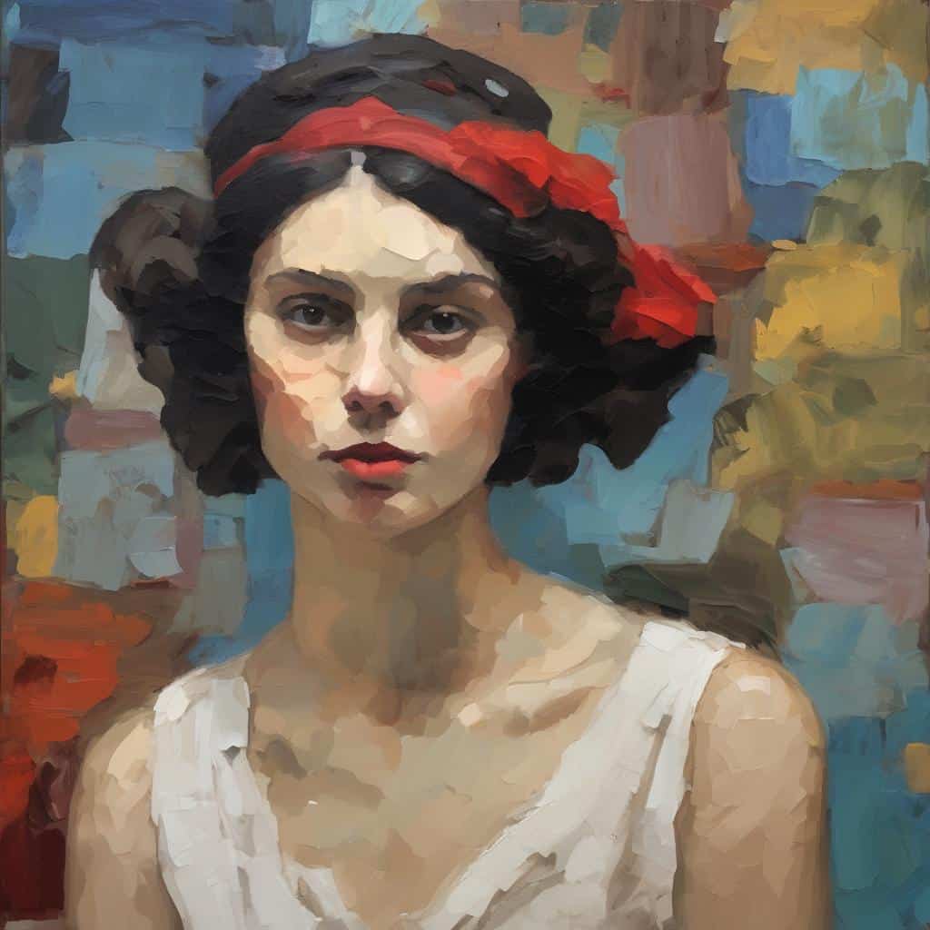 Εικονική πορτρέτο γυναίκας με μαύρα σγουρά μαλλιά και κόκκινη κορδέλα, σε ζωγραφική υφή, με αφαιρετικό φόντο χρωμάτων μπλέ, κίτρινα και καφέ, δημιουργώντας καλλιτεχνική έμπνευση.